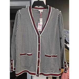 Talbots The Oprah Magazine Collection Striped V Neck Button Front Cardigan Petit